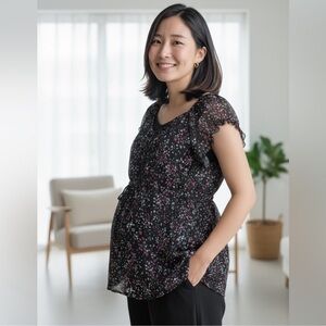 DUO Floral Black Short Sleeve Maternity Top